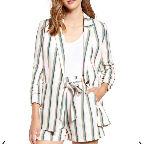 Halogen Colorful Stripe Ruched Sleeve Cotton Blend Blazer 2X One Button - Picture 2 of 12